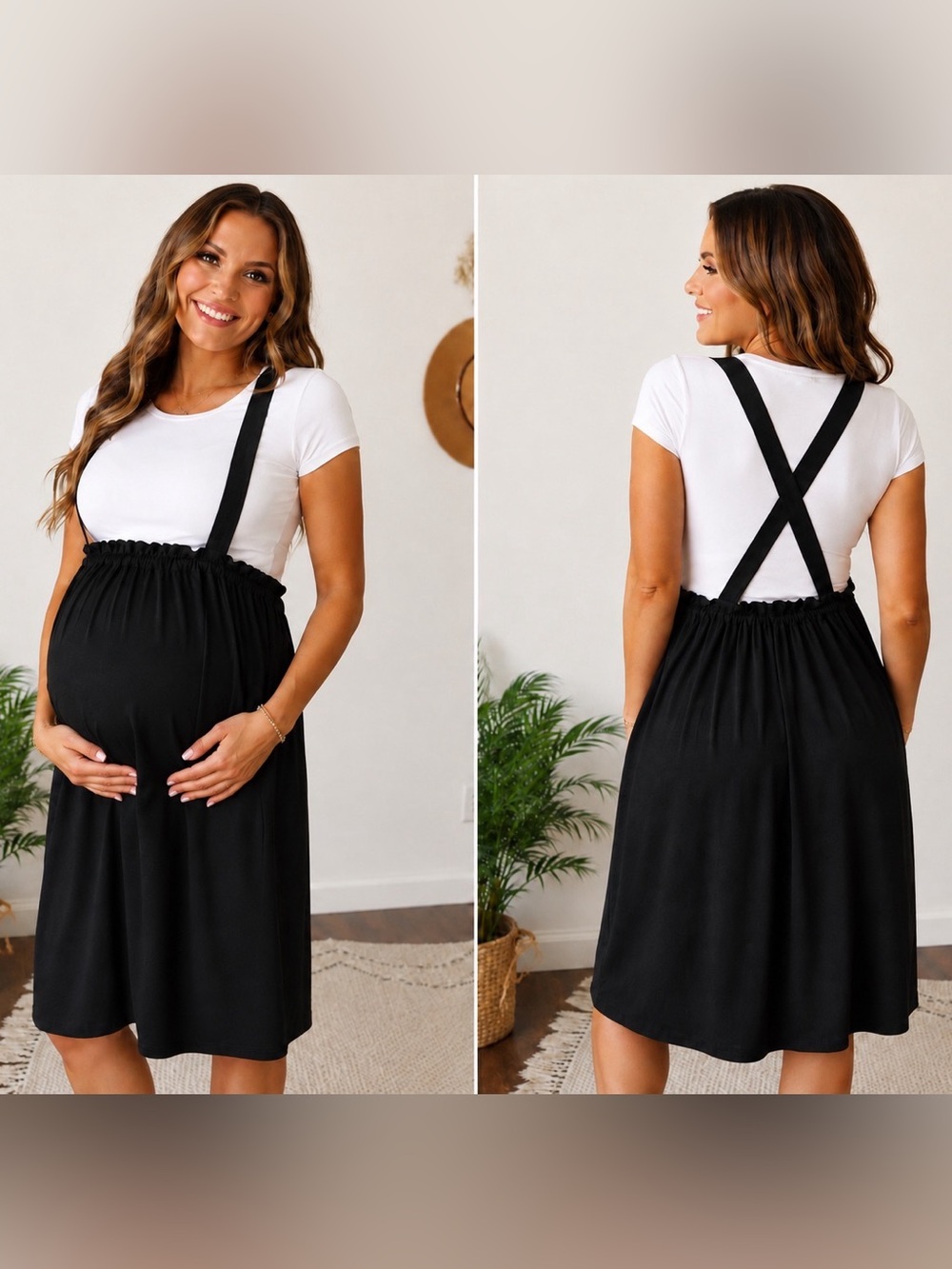 Maternity Black Suspender Midi Jumpsuit Skirt With Adjustable Straps & Waist